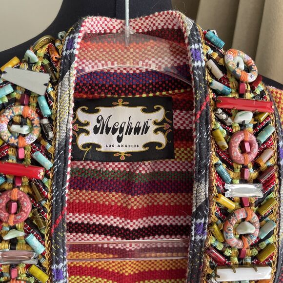 meghan Los Angeles Jewel Bead Sequin Fringe Kimono Open Poncho S M - Picture 2 of 7